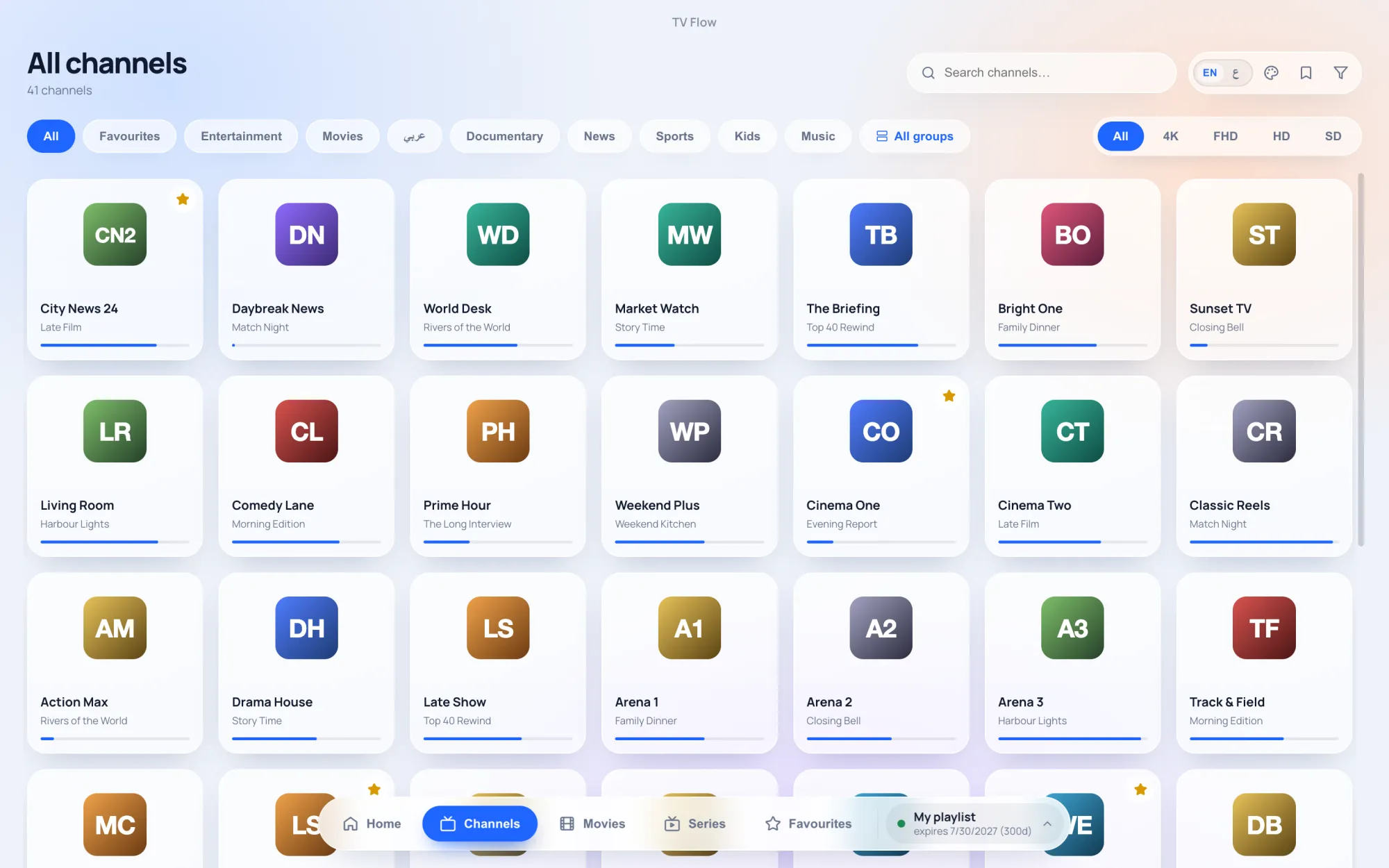 Live channels in TV Flow, in groups, with search